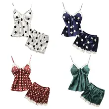 Женские пижамные шорты с глубоким v-образным вырезом и принтом, пижамный комплект, женская пижама из искусственного шелка, летняя сексуальная пижама без рукавов, Женская свободная Пижама для сна