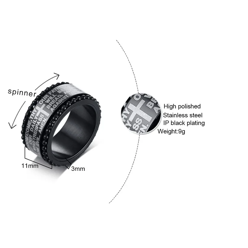 Католический Христос Спиннер Черные Четки из нержавеющей стали вращающийся Библейский крест кольцо для мужчин Христианская молитва мужские ювелирные изделия