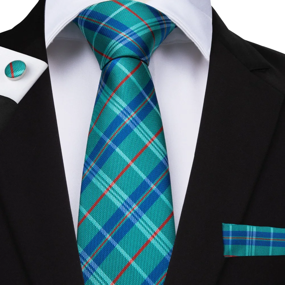 

DiBanGu Designer Blue Green Plaid Men's Business Wedding Party Tie 100% Silk Striped Ties Hanky Cufflinks Tie For Men SJT-7018