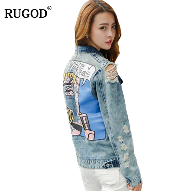 RUGOD 2018 Vintage Funny Print Jean Jacket Women Ripped Hole Long Sleeve Bomber Jackets Casual Spring Autumn Short Denim Jacket