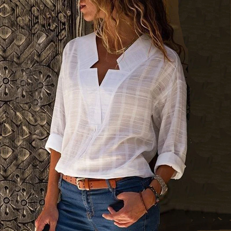 

AvoDovA Women Blouses Spring Plus Size White Tee Tops Fashion Casual Long Sleeve Star V Neck Female Shirts