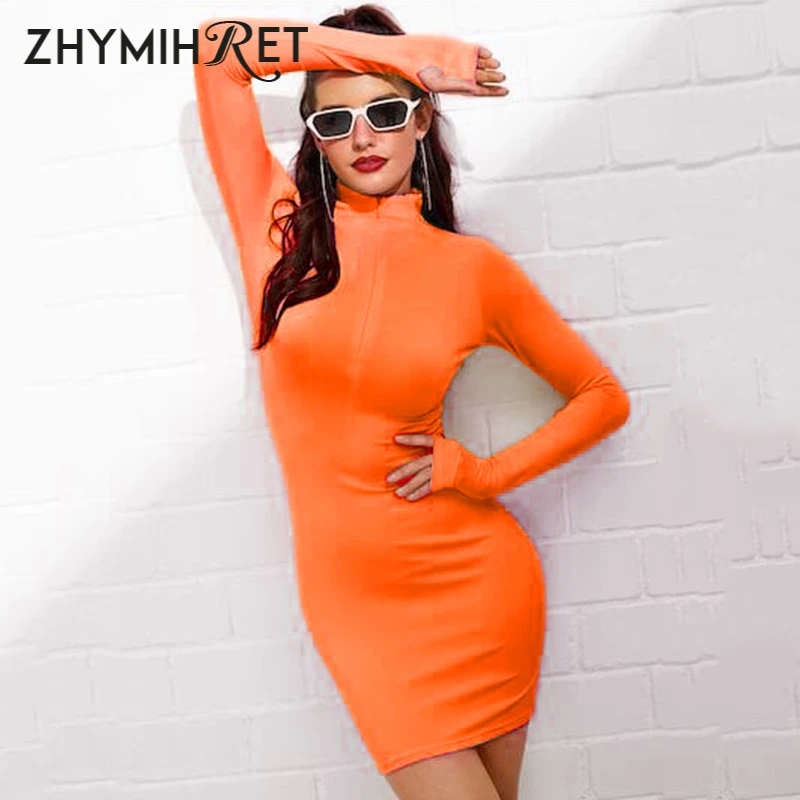 ZHYMIHRET 2018 الخريف اللون النيون اللباس للنساء مثير نحيل سستة الجبهة فستان بكم طويل سقوط حزب البسيطة Vestidos الإناث