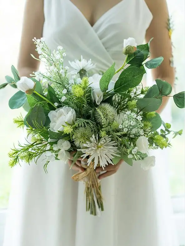 JaneVini романтические белые свадебные букеты Искусственные Шелковые Розы Бохо букет зеленые листья подружки невесты держащая Цветы Букет свадьба - Цвет: Белый