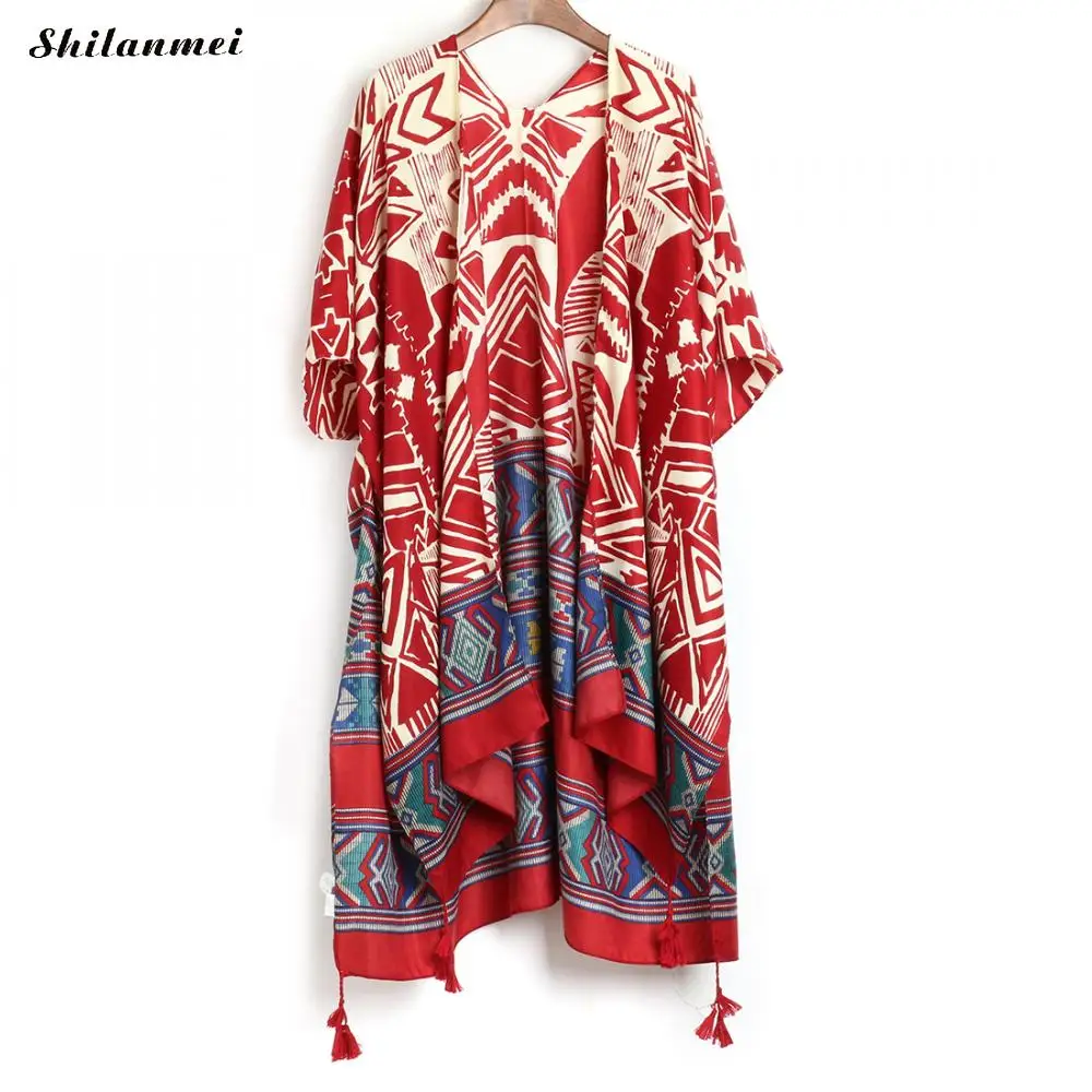 

Summer Free Size Beach Bikini Cover Up Blouses Ladies Kimono Cardigan Fashion Bohemian Printed Women Casual Long Outerwear Tops