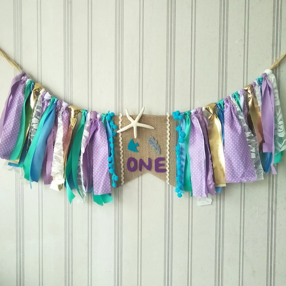 

Under the sea themed party highchair buntings Free shipping sea star decorated rag tied garlands photography props