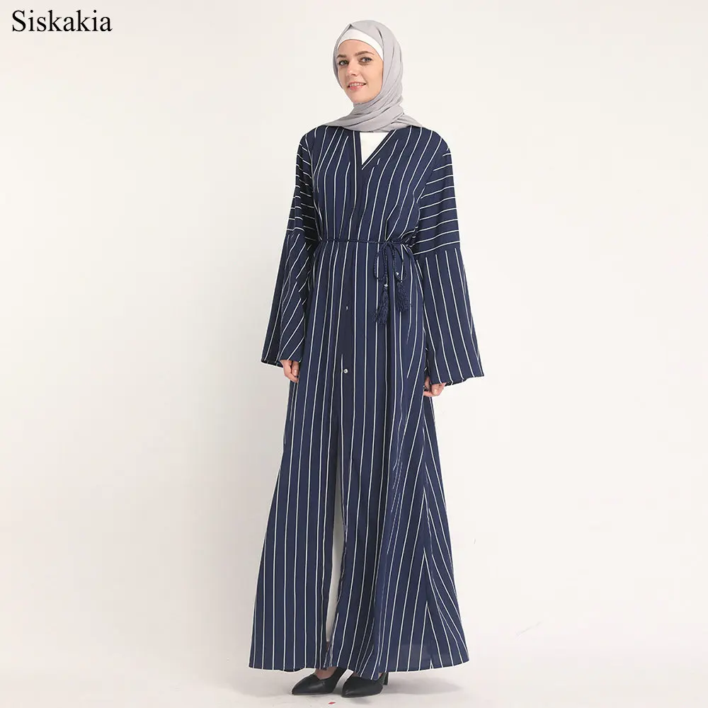 Siskakia Muslim Elegant Stripe Patchwork Single breasted Cardigan Robe Abaya Women Eid High Waist Flare Sleeve Slim Sashes Abaya (9)