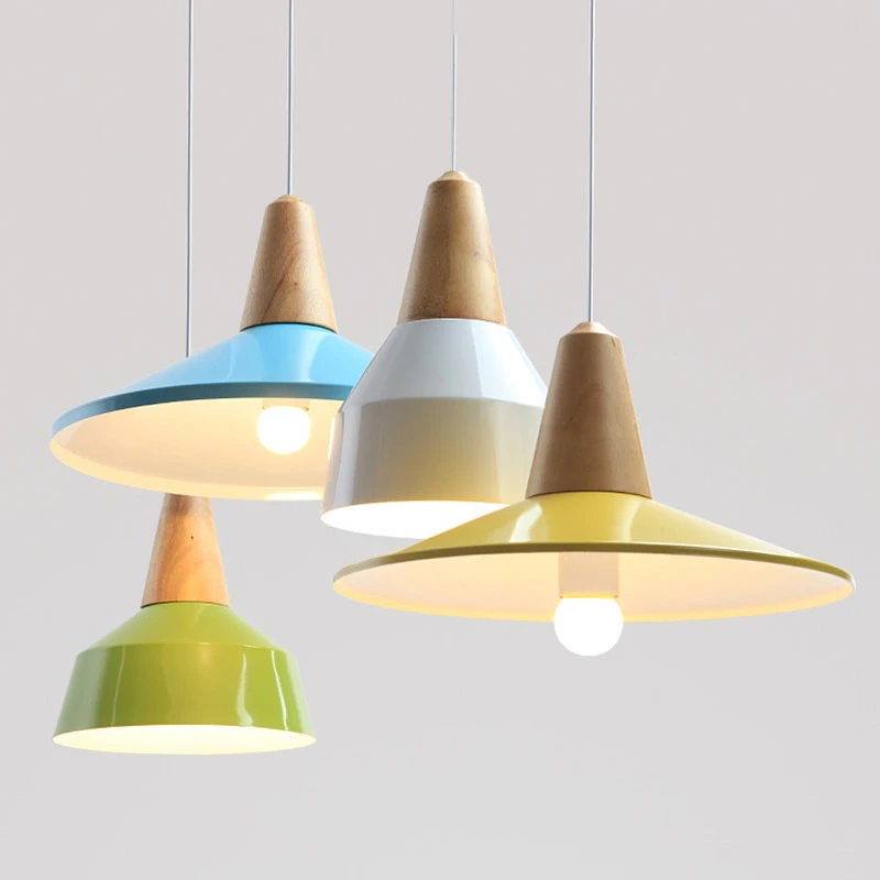 

Creative Industrial Wind Iron Hanging Light Nordic Minimalist Macaron Multicolor Solid Wood E27 Pendant Lamp For Study Office