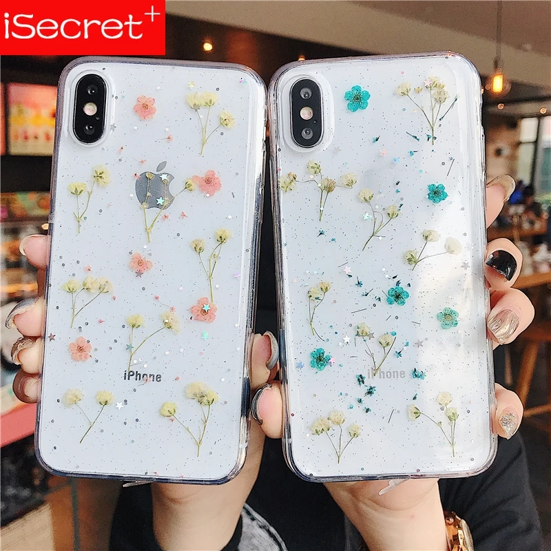 

Real Flowers Transparent Soft TPU Phone Case For iPhone X XS XR XS Max 6 6S 7 8 Plus Dried Flowers Bling beautiful Back Cover