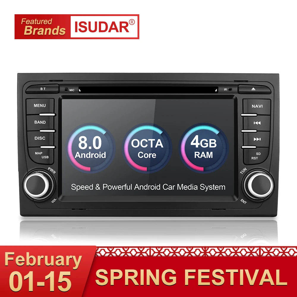 Günstige Isudar Auto Multimedia Player Auto Radio 2 Din GPS Android 8.0.0 Stereo System Für Audi A4 S4 2002 2008 4 GB RAM DSP DVR OBD2 FM