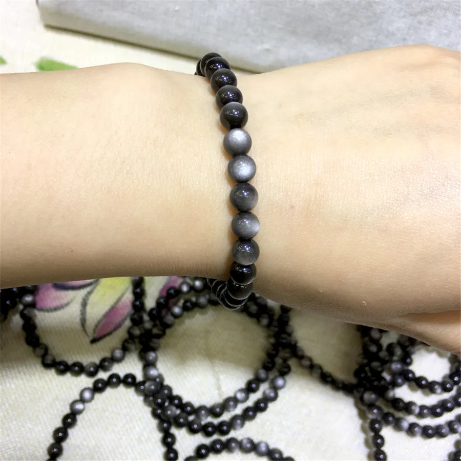 

Natural Silver Obsidian Grey White Light Gem stone Round Beads Bracelet 10mm AAAA
