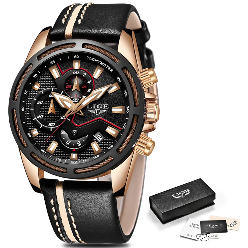 

2018 new LIGE top brand men's watch luxury + box dial sports chronograph leather strap with luminous display military watch