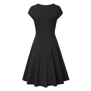 

2019 Women's Deep V Neck Pleated Dress Fashion Casual Solid Color Short Sleeve Dress Fit and Flare Elegant Knee Length Dresses