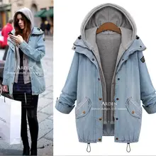 Осенняя тонкая джинсовая куртка с капюшоном, Повседневная модная женская Свободная куртка размера плюс, ветровка, комплект из двух предметов