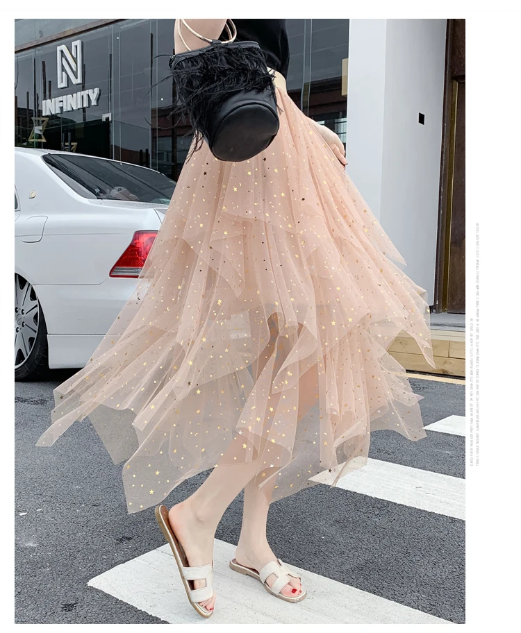 Women's Skirts Summer 2020 New Korean Stars Sequin Elegant High Waist A-line Pleated Elastic Belt School Spring Midi Skirt Femme