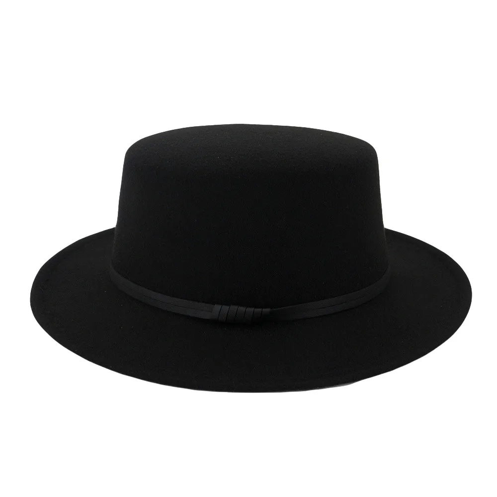 Модные мужские wo мужчины пара плоский верх плоская грива Кепка с широкими полями шерстяной ремень фетровая плоская шляпа бренда Gorra hombre# pingyou - Цвет: Black