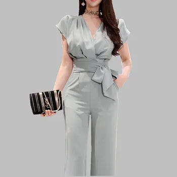 

HAMALIEL Business Women pant suits Summer Office Ladies Sexy V Neck Lace UP Tops + Work High Waist Solid Color Long Pants Set