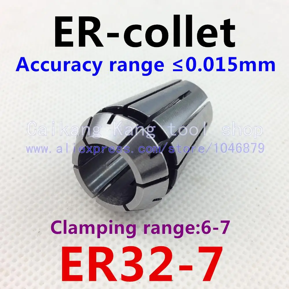 

ER32-7 . ER collet. Collet. Material: 65 Mn spring steel. Accuracy: 0.015mm. Clamping range: 6-7mm. Specifications: ER32-7