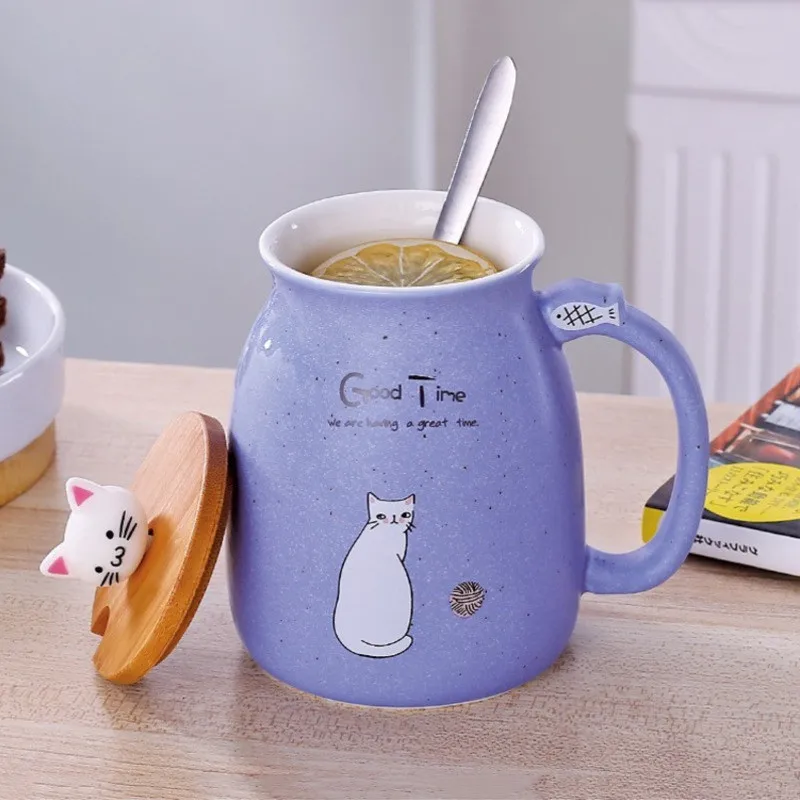 Кофейная кружка с крышкой для девочек, специальная керамическая кошка, милая чашка для воды, для офиса, дома, принцесса, чашка для воды, чайная ложка из нержавеющей стали