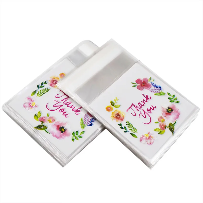 50/100cs Flower Pattern Thank you Cookie Packaging Bags 7x7cm Small Gift Bag Self Adhesive Plastic Bags Wedding Candy Bag