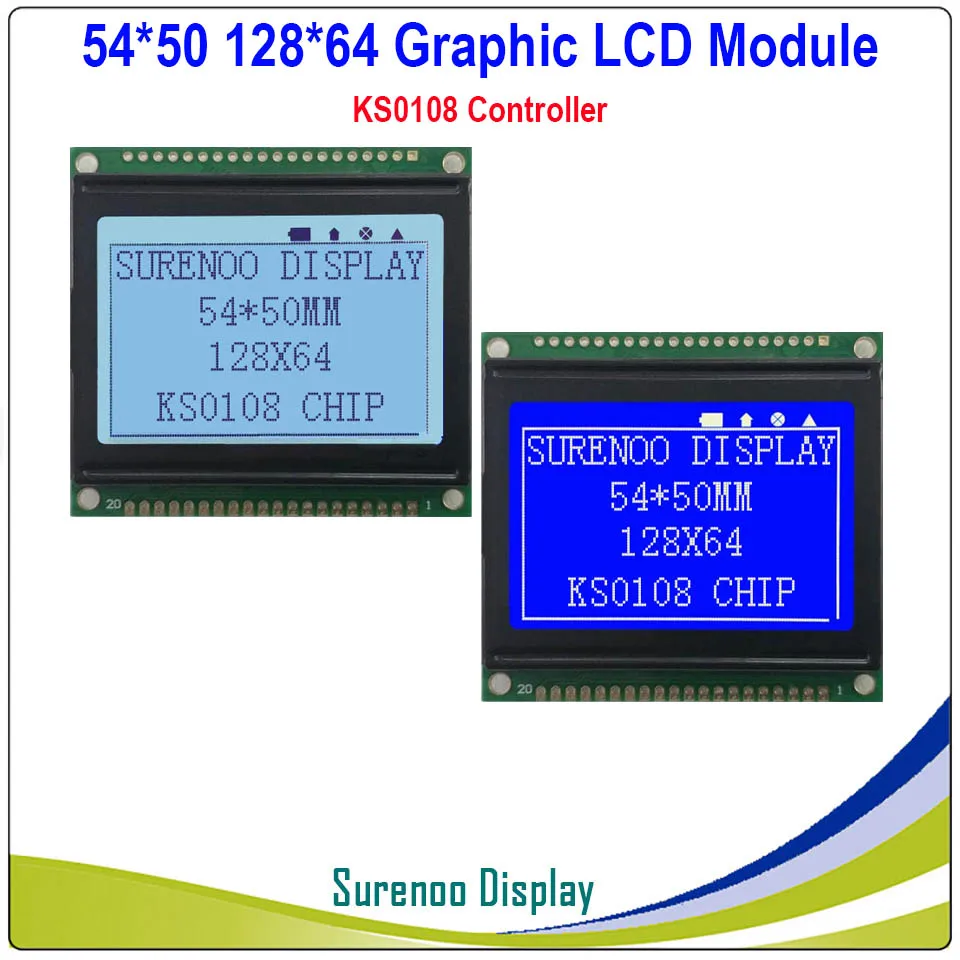 

2.0" 54X50MM Graphic Matrix LCD Module Display Screen 12864 build-in KS0108 Controller Gray Blue with White LED Backlight