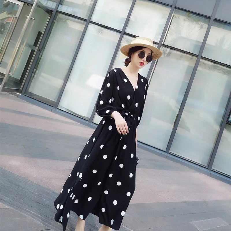 PERHAPS-U-black-white-polka-dot-dress-v-neck-3-4-sleeve-maxi-long-dress-summer(4)