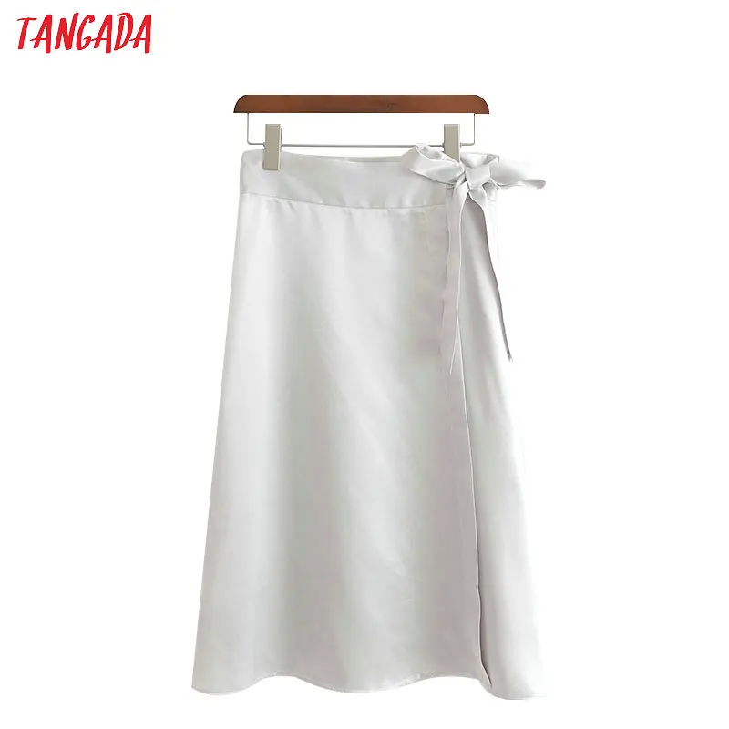 

Tangada fashion women silver skirt bow sashes chic female 2019 vintage sexy lady mid calf length skirts faldas mujer 1D125