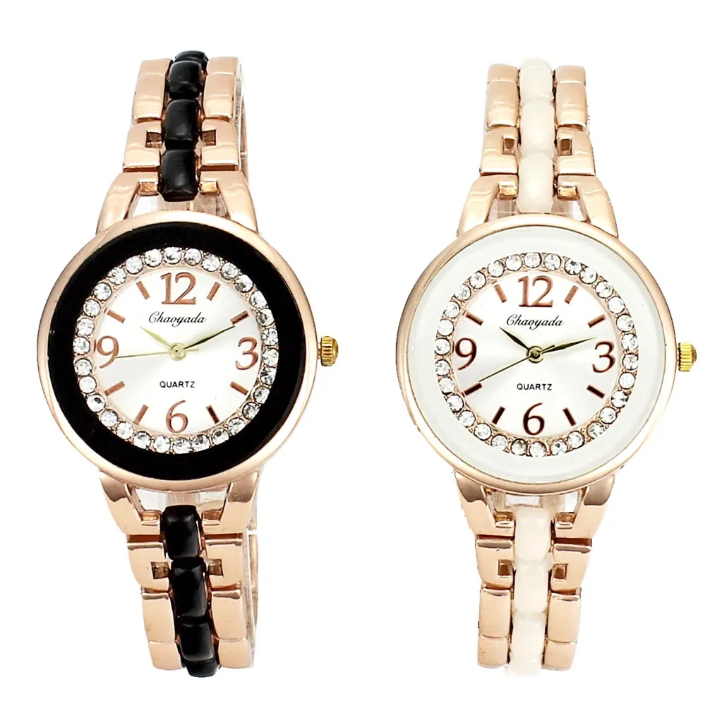 

Rose Gold Women Black White Steel Band Bracelet Charm Ladies Female Chain Necklace Wrist Watch