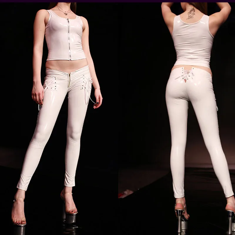 

PVC Shiny Lace Up Low Rise Pencil Pants Low Waist Leggings Casual Pants Capris Moto & Biker Stage Wear Sexy Capris Plus Size