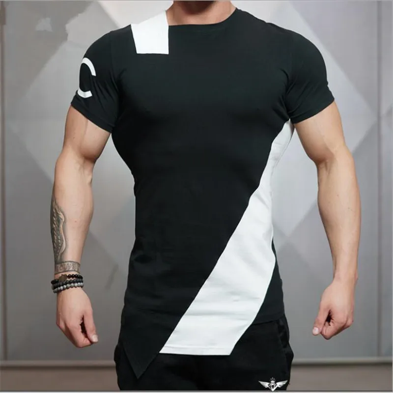 Новые летние мужские тренажерные залы футболка для фитнеса бодибилдинга печать плотная Мужская короткая одежда футболка - Цвет: Черный