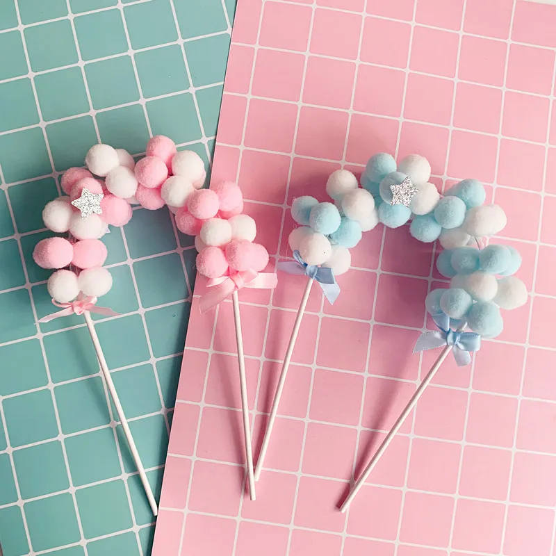 

1Pcs Cake Topper Pink Blue Soft Pompom Cloud Cake Topper Baby Shower Birthday DIY Cake Top Flags Party Decoration Supplies