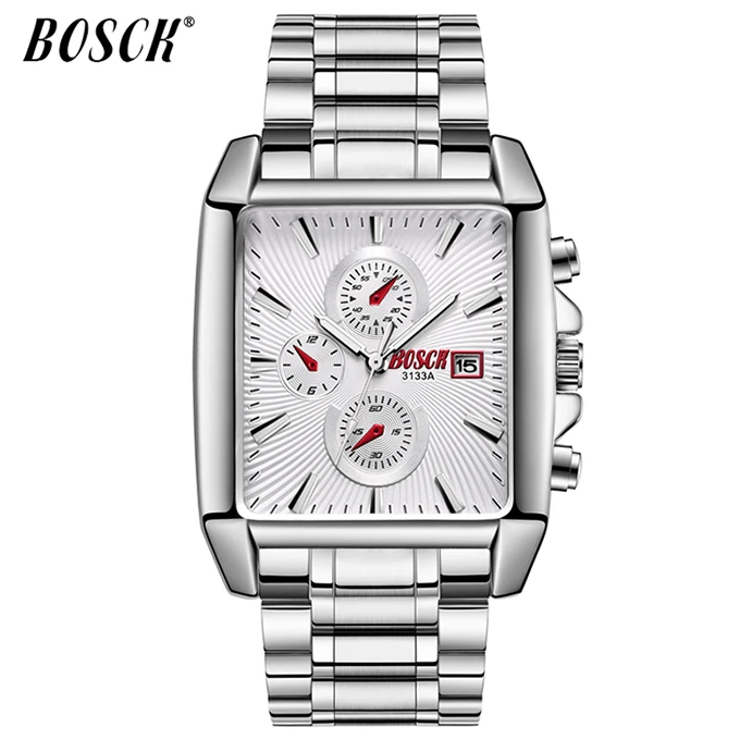 BOSCK Мужские часы Relogio Masculino бизнес квадратные кварцевые мужские часы модные полностью стальные водонепроницаемые мужские часы - Цвет: steel band white