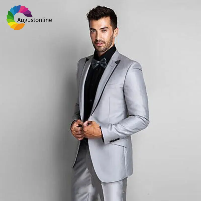 

Italian Shinny Silver Men Suit Slim Fit Wedding Groom Tuxedo Best Man Blazer Jacket Pants 2Piece Costume Homme Terno Masculino