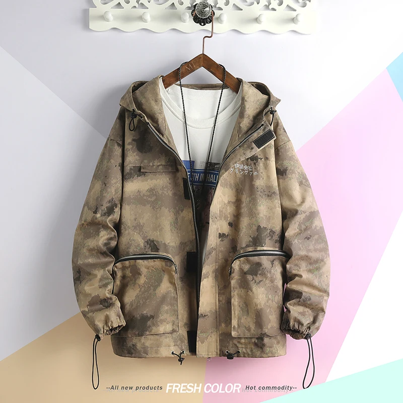 

Camouflage Jackets Men Autumn Winter New Zipper Hooded Hip Hop Cotton Jacket Casual Loose Coat Men Streetwear 4XL 5XL