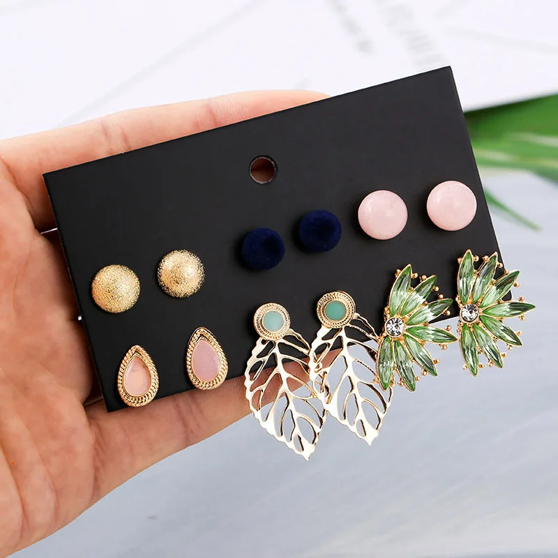 

6 pair/set Fashion Women's Earrings 2019 Plush Ball Round Leaf Stud Earrings Set For Women Accessories Jewelry Gift