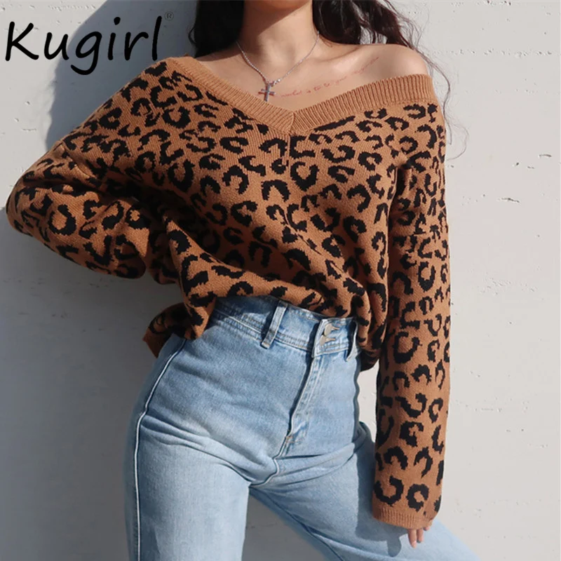 

Deep V Neck sweater women Vintage Leopard print Women Sweater Fashion All Match pullover harajuku oversized sweater plus size