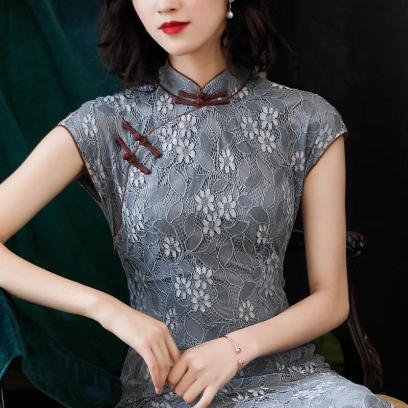 

women summer lace dress short sleeve stand collar slim chinese stylish modern Cheongsam dress elegantly quietly top quality