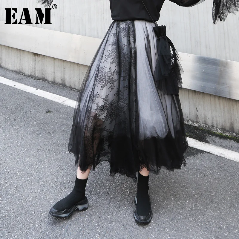 

[EAM] 2019 New Spring Summer High Elastic Waist Black Lace Mesh Split Joint 5 Layers Half-body Skirt Women Fashion Tide JQ956