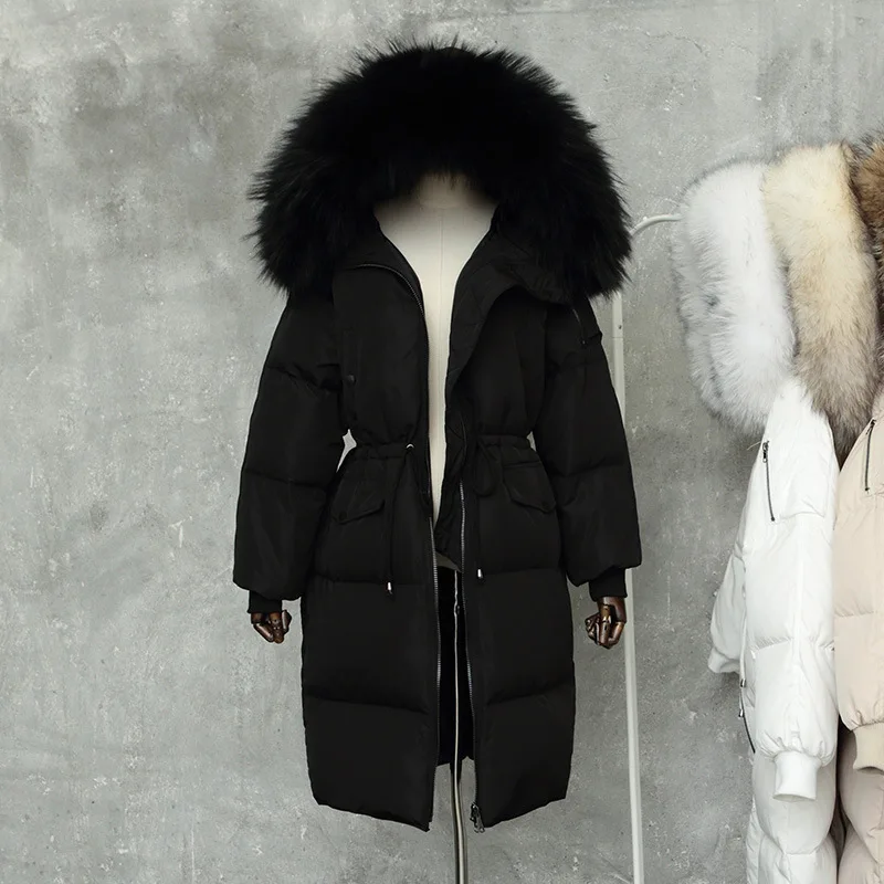 Пуховик для женщин Зимний утепленный теплый натуральный мех енота воротник с капюшоном пальто женская меховая куртка Повседневная Свободная парка верхняя одежда