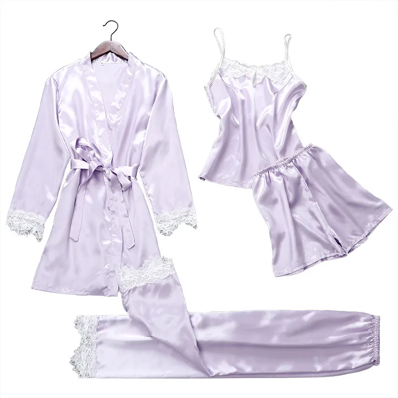 

4 pieces pajamas for women sexy home suit pajamas set sleepwear clothing nightgown silk pants&short&clothes summer pajama sets