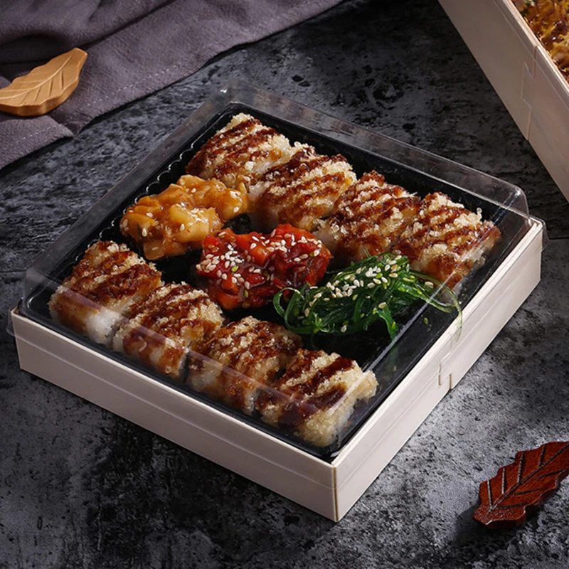 Упаковочная коробка, лоток для еды, прозрачная упаковочная коробка, деревянная одноразовая десертная квадратная коробка, благородный экологичный суши-блюдо для еды, 1 шт