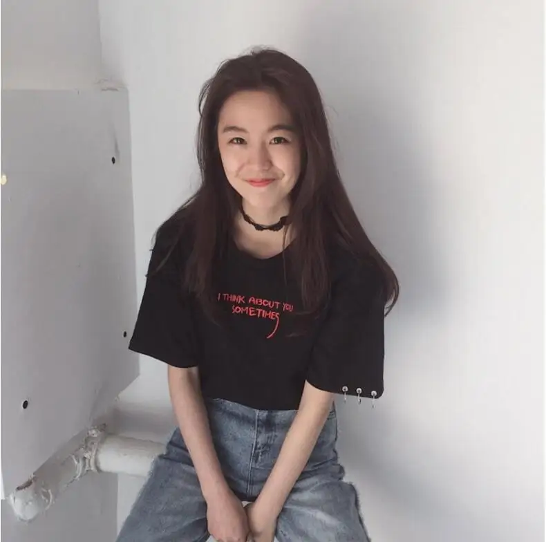 

Spring and summer women letter embroidered short paragraph Korean ring short sleeve T-shirt