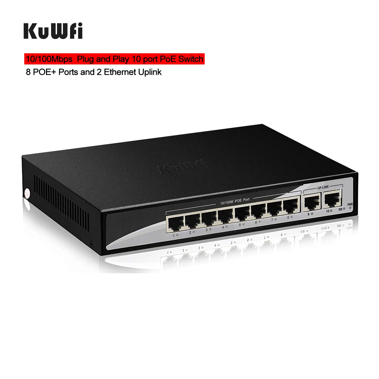 10 Port Plug and Play PoE Switch 100Mbps Ethernet Network Switch 8 POE Ports&2Uplink Ethernet for IP Cameras-48V