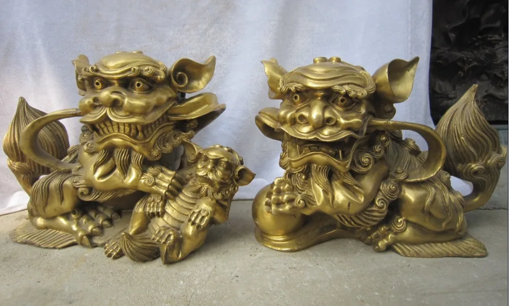 

671115349++++14"Chinese Bronze Brass Fengshui Guardian Lions Foo Fu Dog Hold Lion Pair Statue