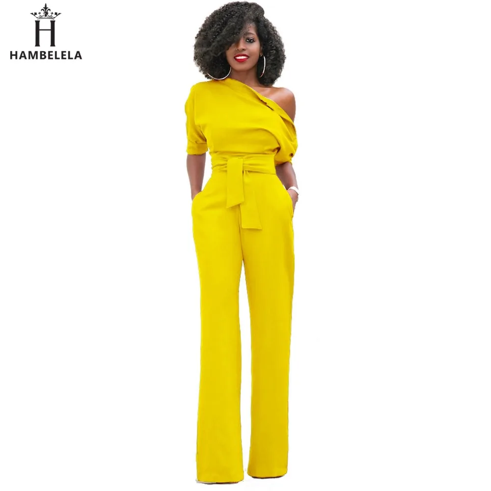 Hambelela 2017 High Quality Autumn Casual Jumpsuit One Shoulder Slash Neck Button Full Length Jumpsuit Short Sleeve Wide Legs Jumpsuit (2)