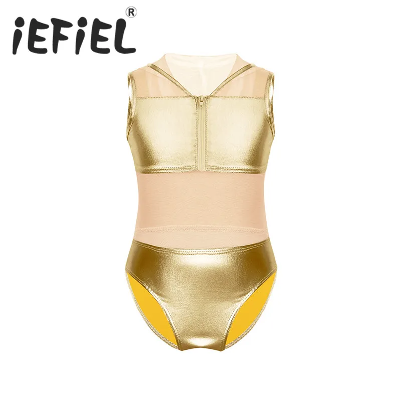 

Kids Girls Mesh Hooded Metallic Tank Leotard Ballet Dance Gymnastics Leotard Jumpsuit Dress for Ballet Class Stage Performance