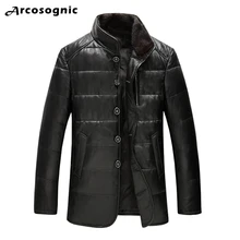 Мужская куртка из натуральной кожи пуховик на белом утином пуху зимняя теплая кожаная куртка однобортный норковый мех датский пуховик