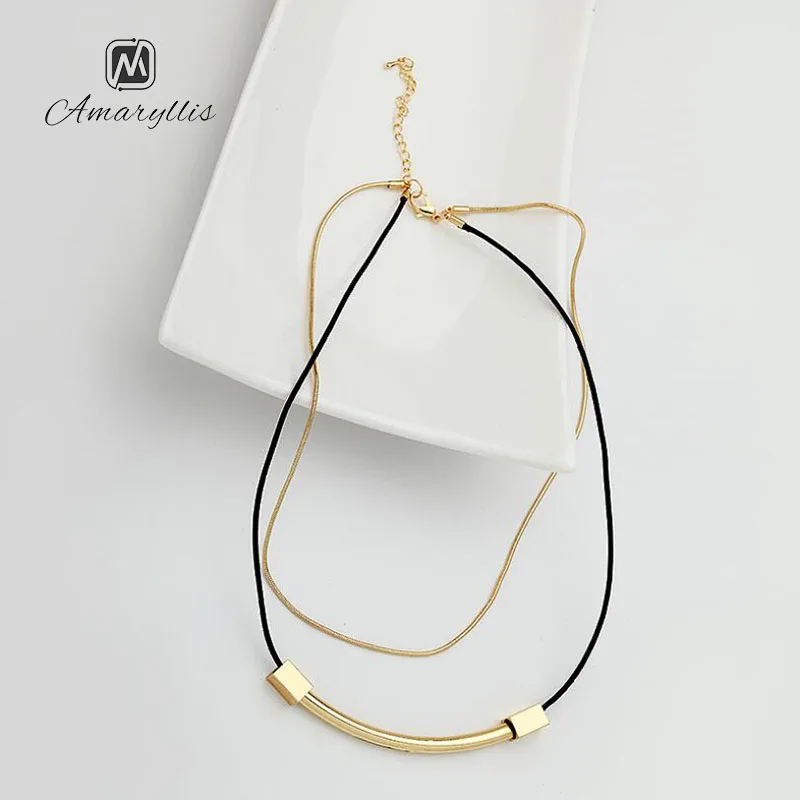 

Amaiyllis Elegant Snake Chain Black Rope Layer Chains Clavicle Choker Necklace For Women Simple Metal Tube Dangle Choker Collar