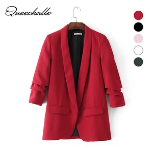 Queechalle Spring Autumn Red Jacket Blazer Women Folded Sleeve Notched Office Lady Suit Coat Female Solid Casual Outerwear