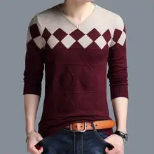 Кашемир свитер Для мужчин осень-зима Slim Fit пуловеры Для мужчин ромбовидным рисунком v-образным вырезом тянуть Homme Рождественские свитера