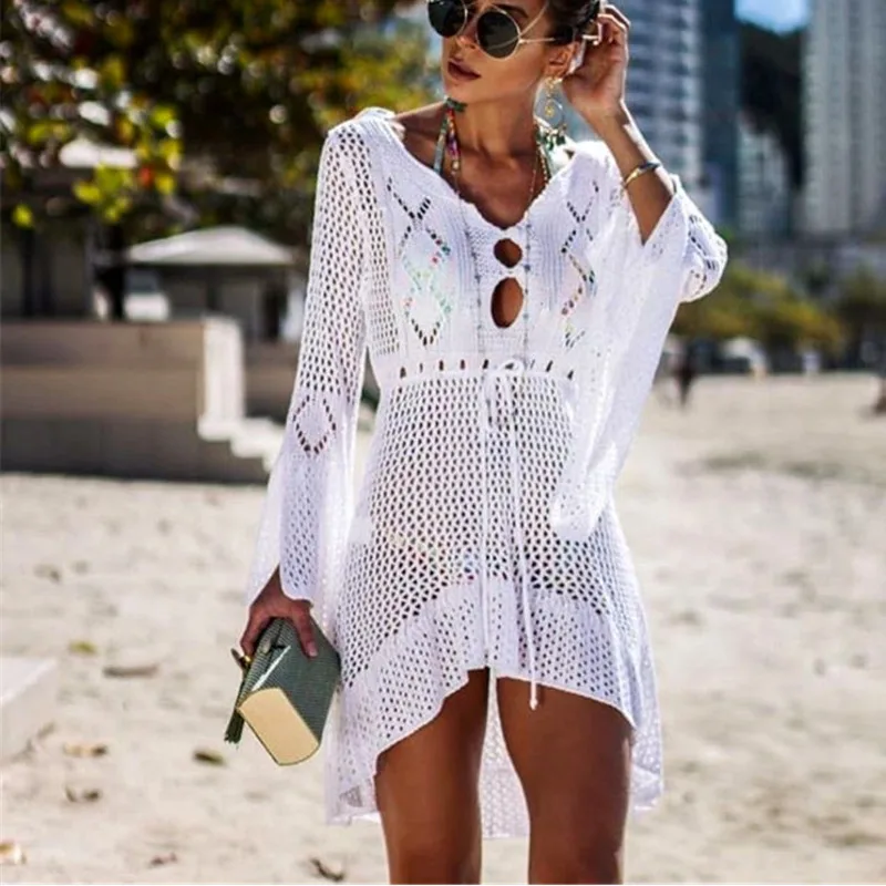 

Women Summer Beachwear Holiday Shirt Hollow Out Sexy Solid V Neck Long Sleeve Sunscreen Sashes High Waist Tops Q
